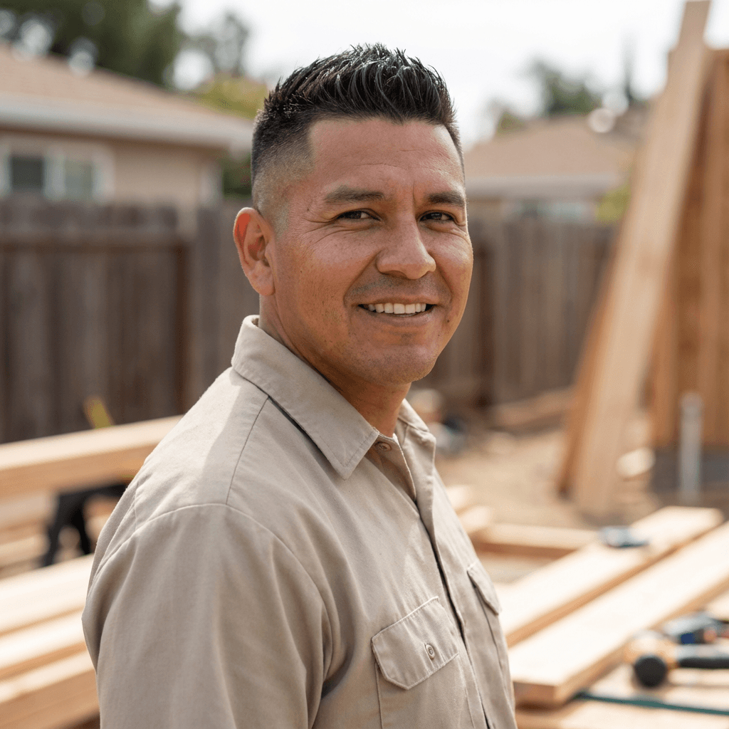 Hombre hispano sonriente con camisa beige en una obra de construcción rodeado de madera.
